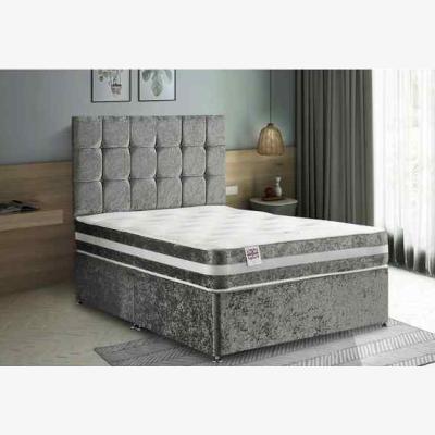 The Range Delia Divan Bed Set with Headboard Mattress-Plush Fabric, 2 Drawers Left Side - Steel / Grey / King