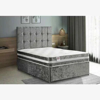 The Range Delia Divan Bed Set with Headboard Mattress-Plush Fabric, 2 Drawers Left Side - Steel / Grey / King
