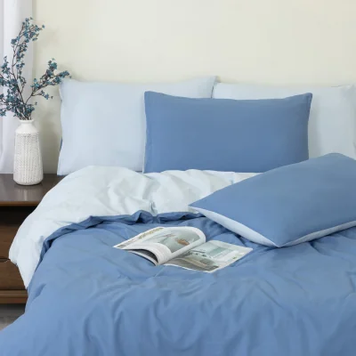 The Range 100% Cotton Reversible Blue Duvet Cover Set with Pillowcases, Button Closure - Double - Blue / 260cm