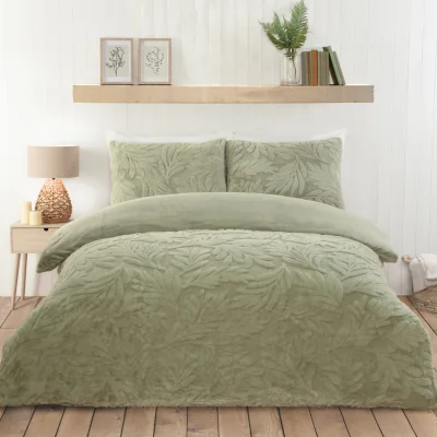 The Range Embossed Leaves Faux Fur Duvet Set - Sage / King