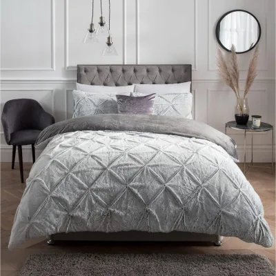 The Range Luxurious Rouched Faux Fur Fleece Duvet Cover with Pillowcases - Grey / King