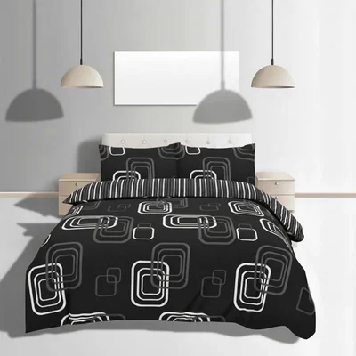 The Range Duvet Cover And Pillowcase Set Geometric Square Design Polycotton Bed Linen - Black / Double