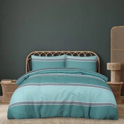 The Range Printed Reversible Polycotton Banded Stripe Duvet Cover and Pillowcase - Teal
