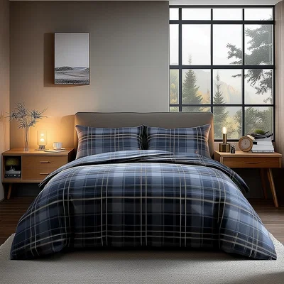 The Range Duvet Cover And Pillowcase Set Indigo Tartan Check Design Polycotton Bed Linen - Indigo / Superking
