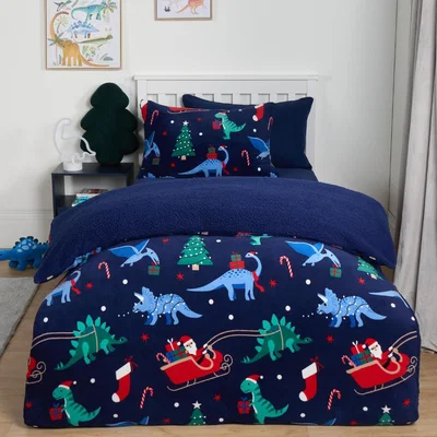 The Range Christmas Dino Sherpa Duvet Set - Navy