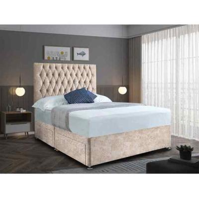 The Range Jemma Divan Bed Set with Headboard Mattress-Crushed Fabric,2 Drawers Left Side - Cream / Yellow / Double