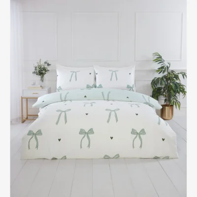 The Range Printed Bows Microfibre Reversible Duvet Cover Bedding Set - Green / Double