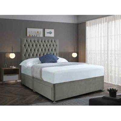 The Range Jemma Divan Bed Set with Headboard Mattress-Plush Fabric, 2 Drawers Left Side - Steel / Grey / Small Single