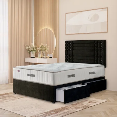 The Range Saville Plush Velvet Divan Bed Set with 32" Headboard  Orthopaedic Mattress - Black / Double / 81.5kg