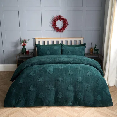 The Range Winter Tree Tufted Teddy Duvet Set - Forest Green / King