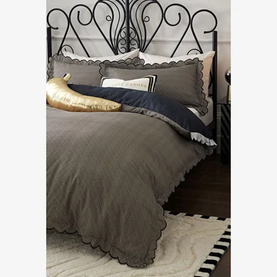 Rockett St George Black Pencil Stripe Scalloped Edge Bedding Set - Four Sizes Available
