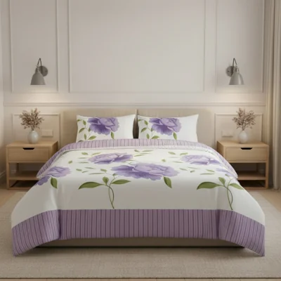 The Range Reversible Floral Duvet Set Elegant Flower Stripe Pattern Bedding for Home Decor - Lilac / King