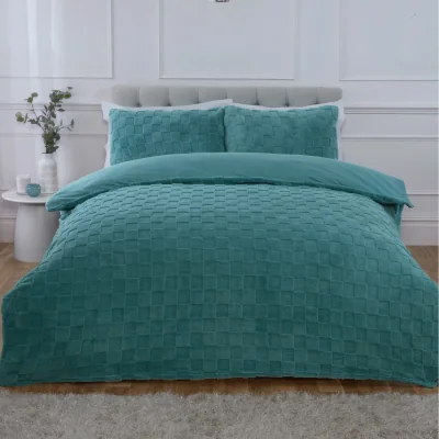 The Range Luxury Check Teddy Polyester Fleece Duvet Cover Set with Pillowcase - Duck Egg