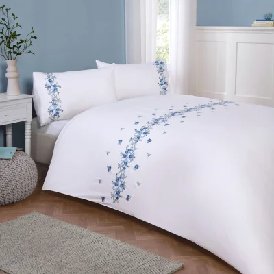 The Range Floral Ribbon Polycotton Duvet Cover Bedding Set With Pillowcase - Blue / Double