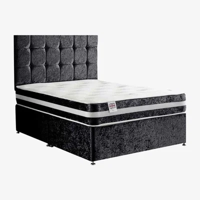 The Range Delia Divan Bed Set with Headboard and Mattress - Crushed Fabric, Non Storage - Black / Small Double