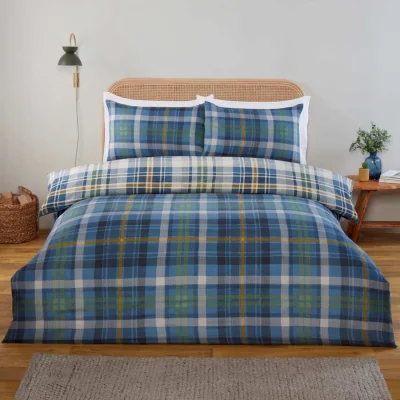 The Range Regalia Check Microfibre Complete Duvet Cover Set with Fitted Sheet - Blue / Single