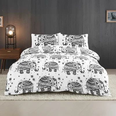 The Range Elephant Print Duvet Set Beautiful Boho Bedding for a Serene Bedroom - White / Single