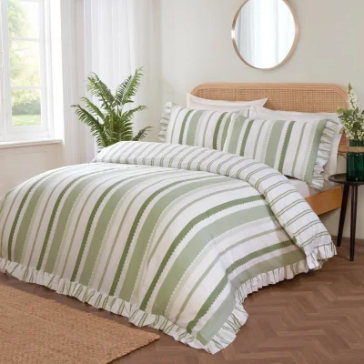 The Range Maya Stripe Polycotton Reversible Duvet Cover Set with Pillowcase - Green / Single