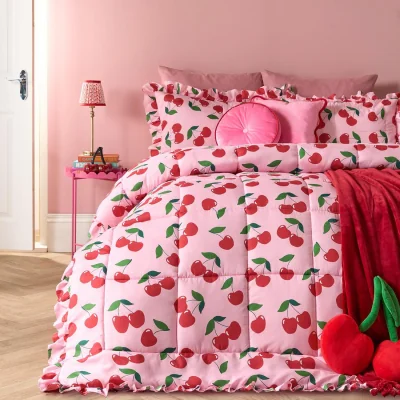 The Range OHS Cherry Print Frill Edge Coverless 7.5 Tog Duvet Set - Pink/Red / 1.55kg