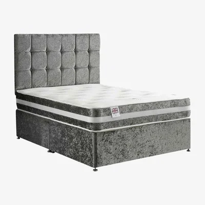 The Range Delia Divan Bed Set with Headboard and Mattress - Plush Fabric, Non Storage - Steel / Small Double