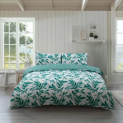 The Range Duvet Cover And Pillowcase Set Reversible Leaf And Stripe Design Polycotton Bed Linen - Teal / Single