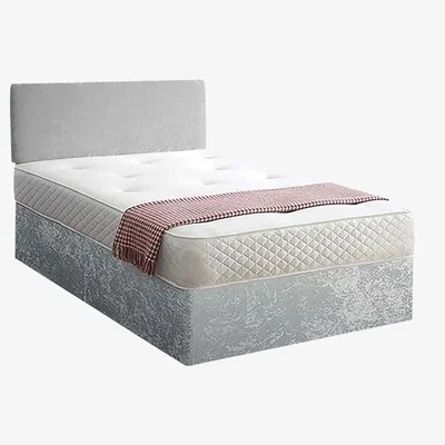 The Range Loria Divan Bed Set with Headboard and Mattress - Crushed Fabric, Non Storage - Silver / Small Double