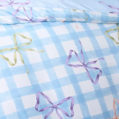 The Range OHS Bow Print Gingham Duvet Cover & Frill Edge Pillowcase Set - Blue/White / 1kg