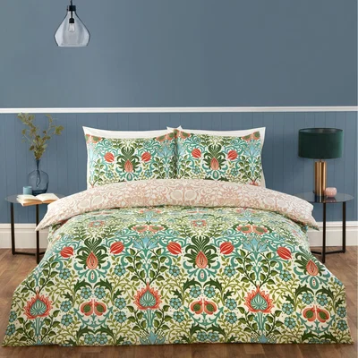 The Range Heritage Flora Microfibre Fabric Reversible Duvet Cover Set with Pillowcase - Orange
