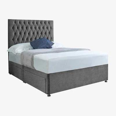 The Range Jemma Divan Bed Set with Headboard and Mattress - Chenille Fabric, Non Storage - Silver / King