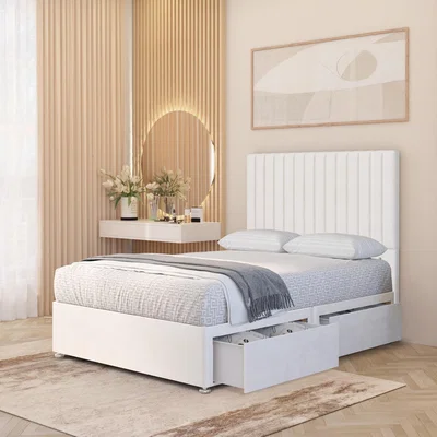 The Range Verona Velvet 4000 Pacific Pocket Sprung Memory Foam Divan Bed Set 54" Headboard - White / King / 4 Drawers
