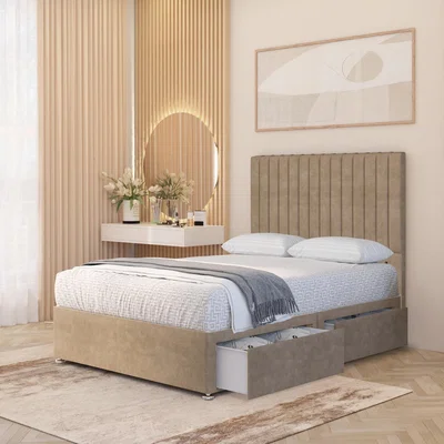 The Range Verona Velvet 4000 Pacific Pocket Sprung Memory Foam Divan Bed Set 54" Headboard - Beige / King / 2 Drawers