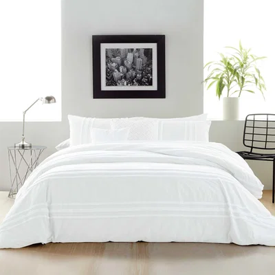 The Rug Seller Chenille Textured Stripe Cotton Bedding by DKNY in White