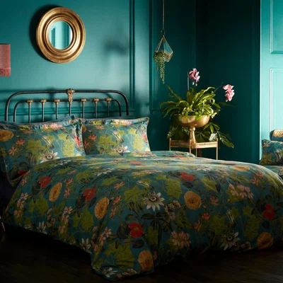 The Rug Seller Passiflora Tropical Floral Bedding By Clarke And Clarke in Kingfisher Blue