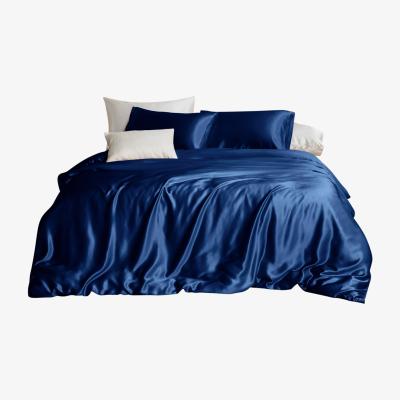 Wolf & Badger Blue Pure Mulberry Silk Seamless - Four-Piece Sheet Set - Double Size - Navy Uk Double Soft Strokes Silk