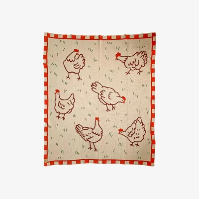 Wolf & Badger Red / Brown / Green Field Of Hens Knit Blanket Hannah Via Art