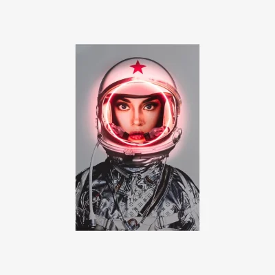Andrew Martin Space Girl Logos, Silver, Neon Artwork, Silver, 122cm x 182cm - Andrew Martin