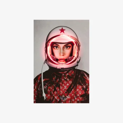 Andrew Martin Neon - Space Girl Red W/ Logos 80X120, Neon Artwork, 80cm x 120cm - Andrew Martin