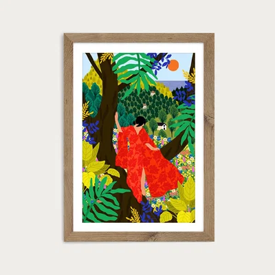 Bombinate.com Girl In A Tree Art Print Oak Frame