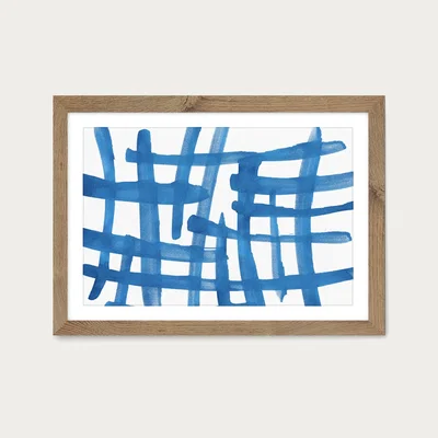 Bombinate.com Abstract Lines Blue and White 01 Art Print Oak Frame