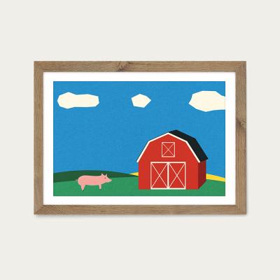 Bombinate.com Pig and Barn Art Print Oak Frame