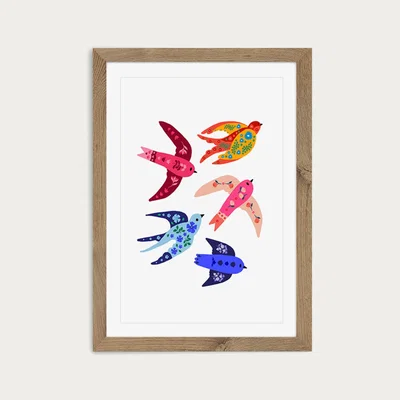 Bombinate.com Group Of Colorful Birds Art Print Oak Frame
