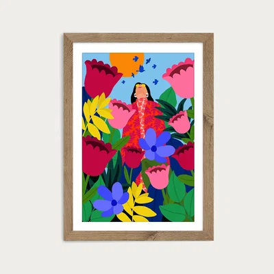 Bombinate.com Surrounded By Flowers Art Print Oak Frame