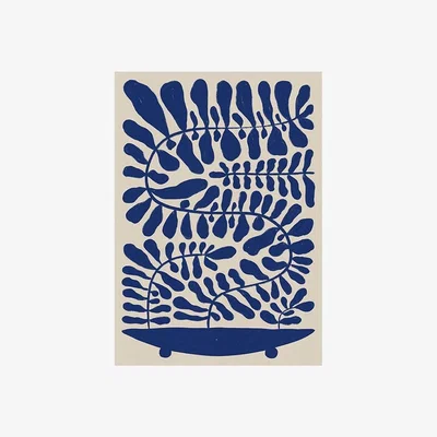 Cult Furniture Navy Leaved Plant on Taupe, Graphic Print Colour: Unframed, Size: A1
