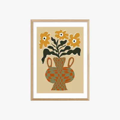 Cult Furniture Retro Flower Checks Graphic Print Colour: Oak, Size: A2
