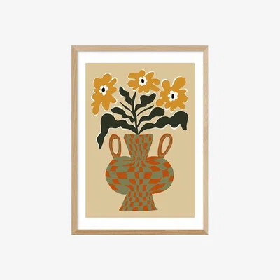 Cult Furniture Retro Flower Checks Graphic Print Colour: Oak, Size: A3