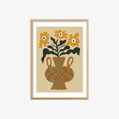 Cult Furniture Retro Flower Checks Graphic Print Colour: Oak, Size: A1