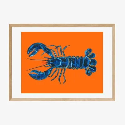 Cult Furniture Blue Lobster on Orange, Pop Art Print Colour: Oak, Size: A2