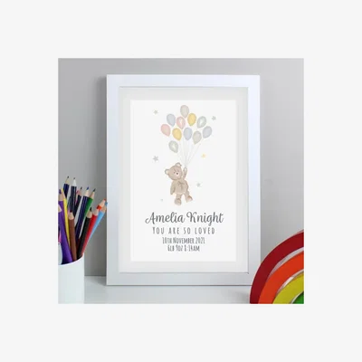 Dunelm Personalised Teddy and Balloons Framed Print White