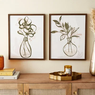 Dunelm Set of 2 Flower Vase Framed Prints Oak (Brown)