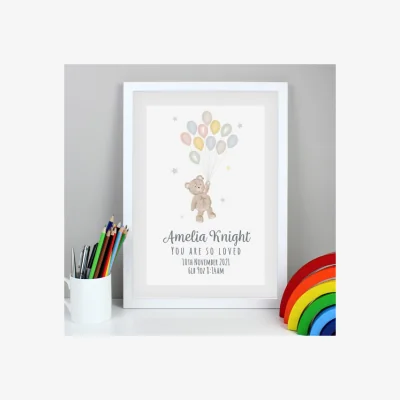 Dunelm Personalised Teddy and Balloons Framed Print White